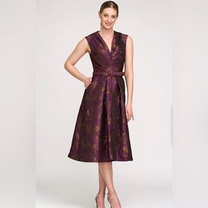 NWT Kay Unger Margaret Midi Dress Jacquard Cocktail Dress in Fig Amber